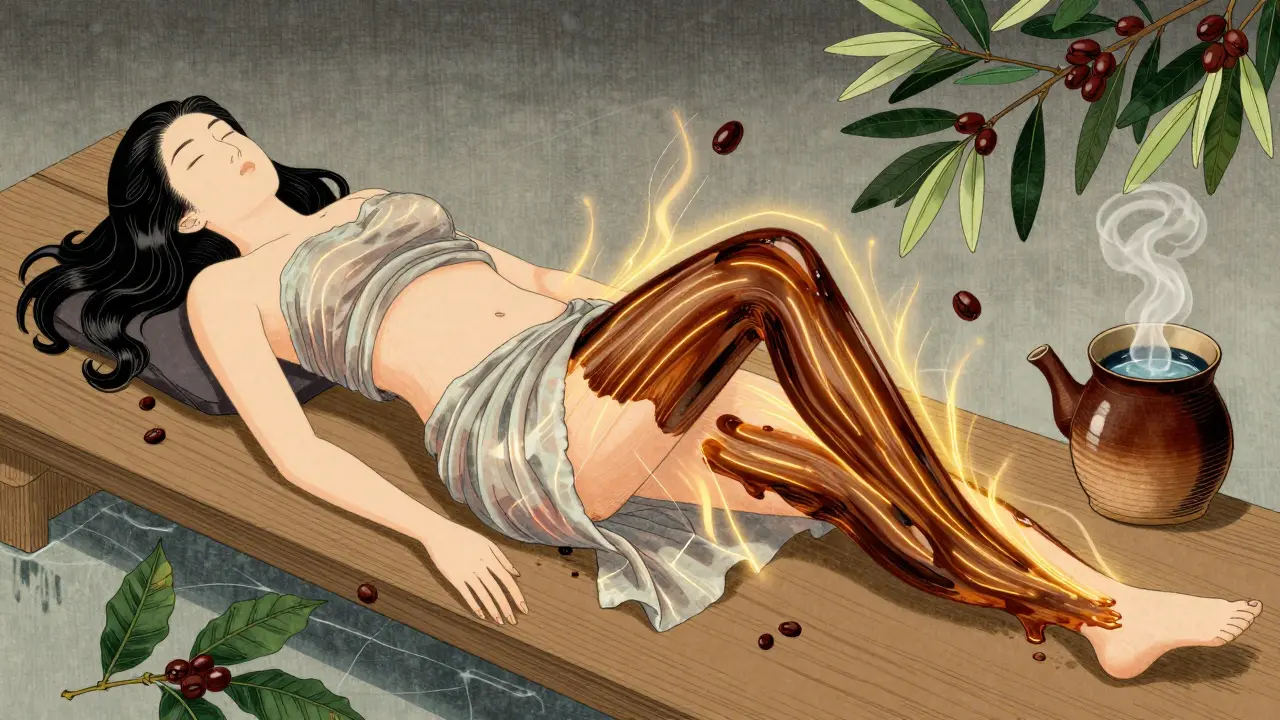 Женщина в кофейном обертывании, с золотыми энергетическими линиями на коже.