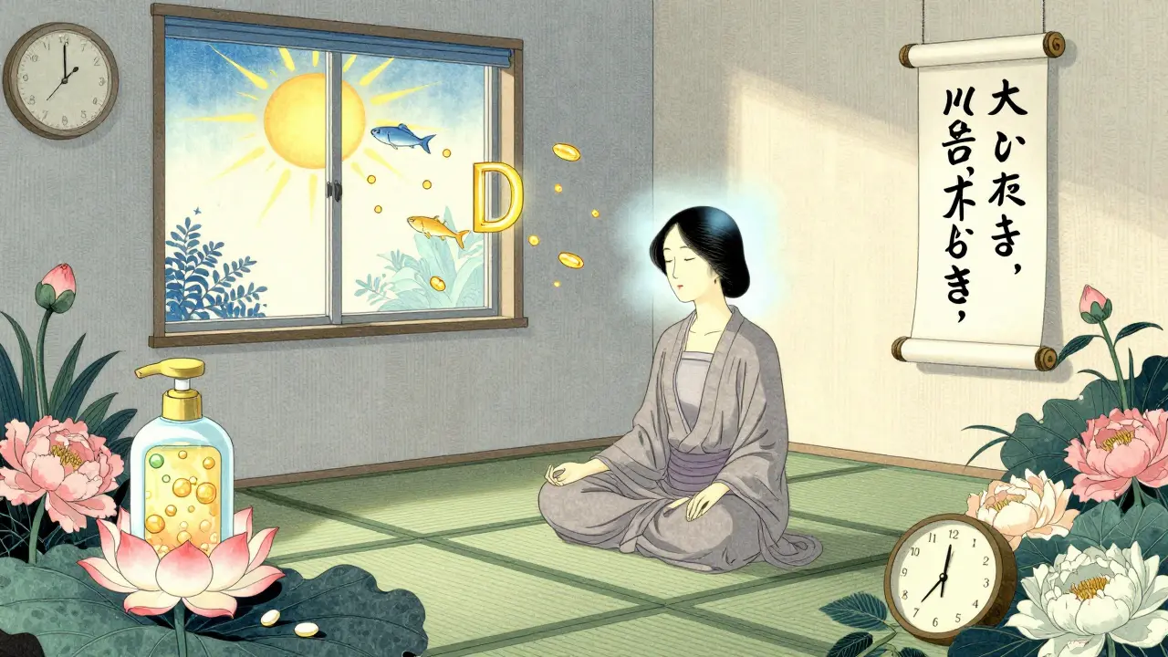 Женщина в медитации, её кожа головы светится, а вокруг — рыба, солнечные лучи и надпись о правильном образе жизни.