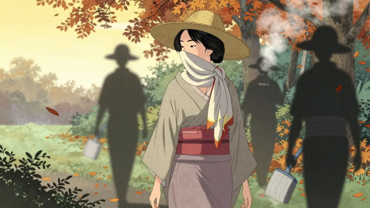 Женщина в шляпе и шарфе гуляет в саду, избегая раздражителей, укью-э стиль