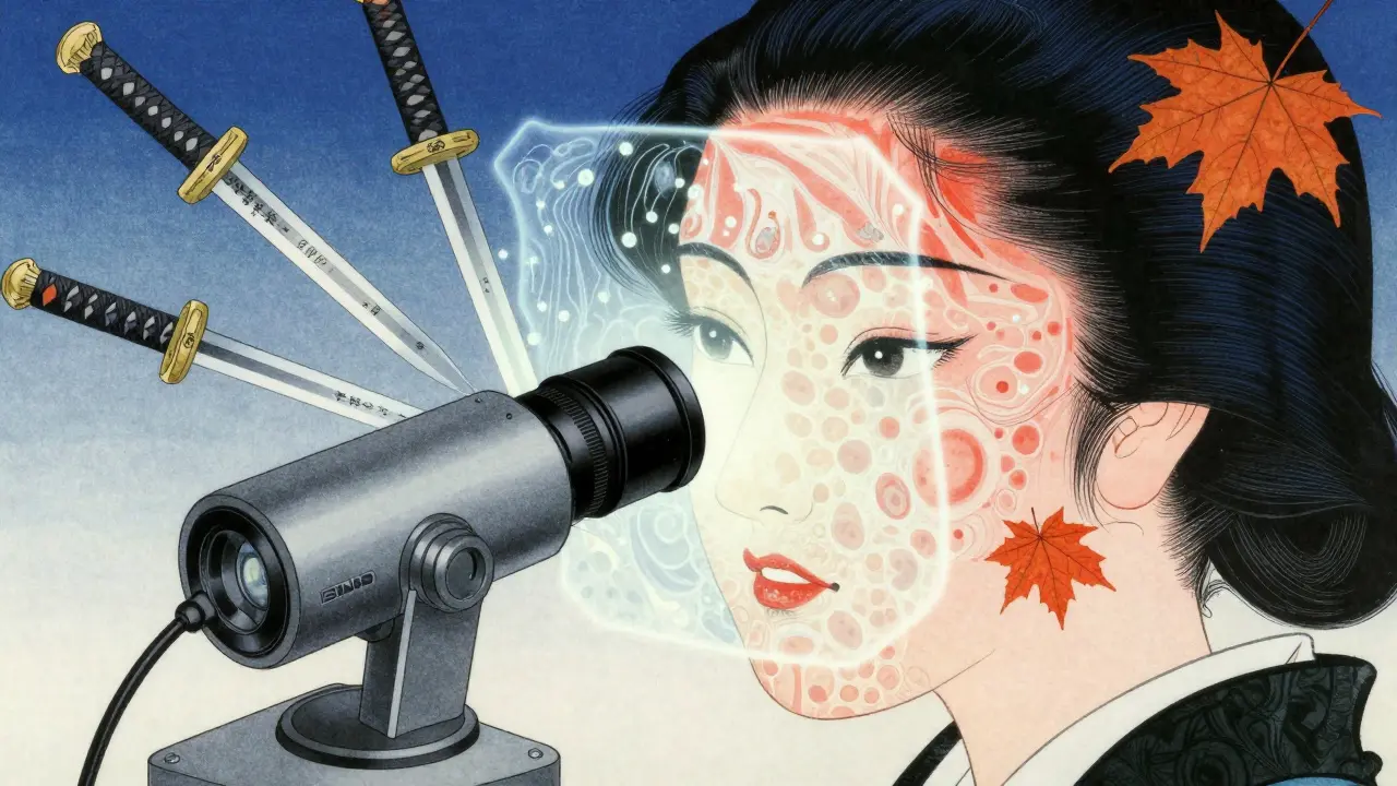 3D-сканер лица проецирует карту кожи в стиле традиционных японских рисунков.