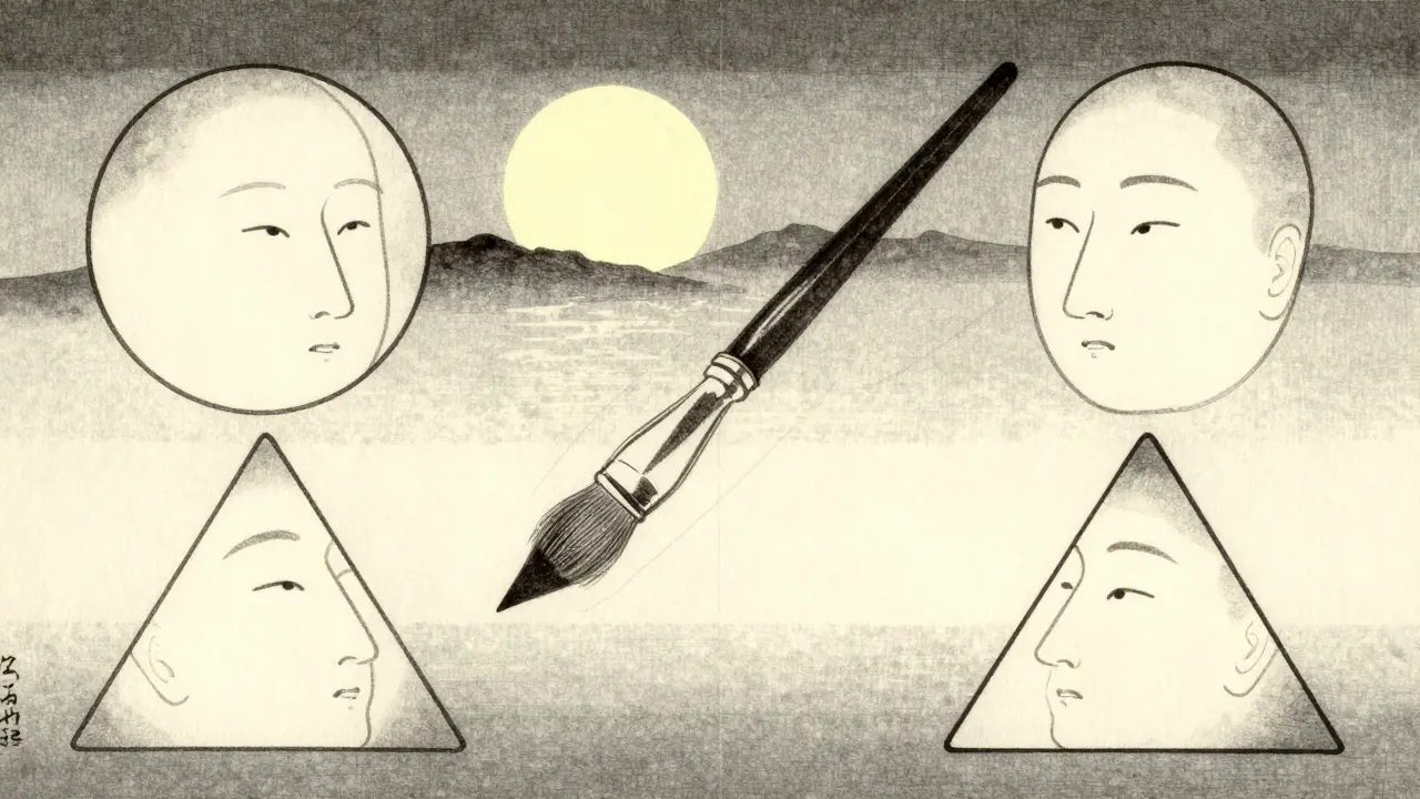 Четыре формы лица с тонкими тенями и светом, соединённые единым мазком кисти.