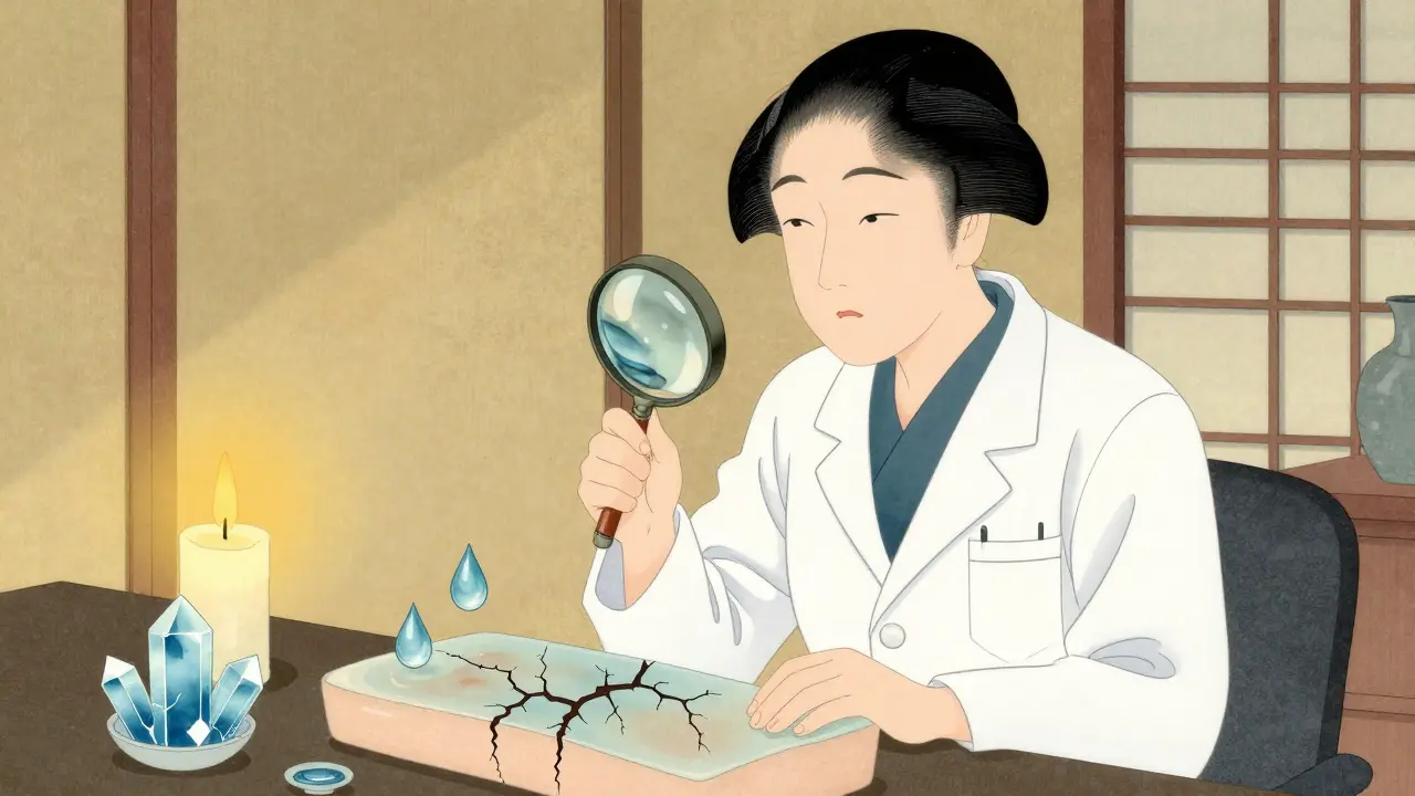 Дерматолог осматривает треснувший кожный барьер, вокруг — символы восстановления и спокойствия.