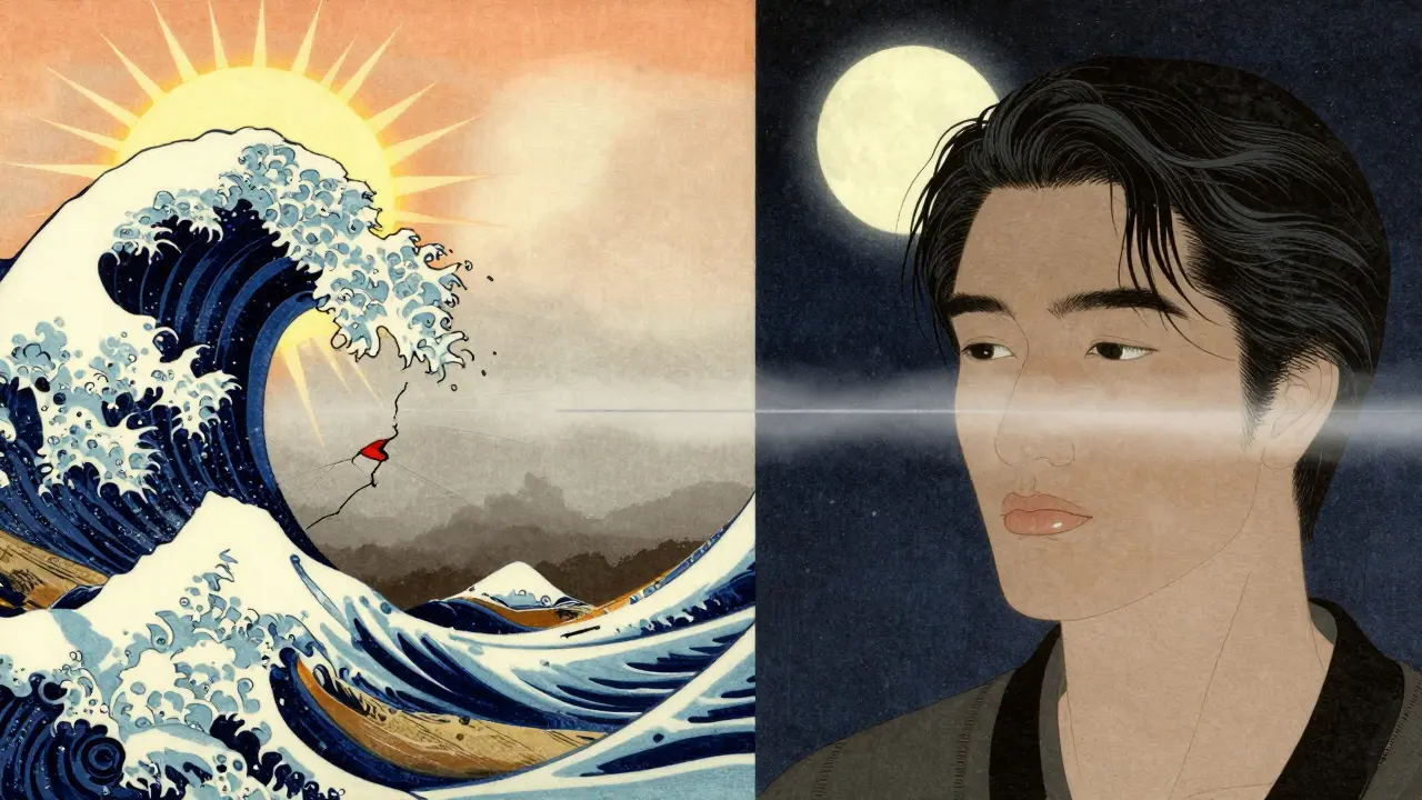 До и после ухода за губами: треснутые и здоровые губы в традиционном японском стиле.