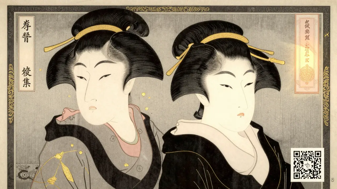 Две фигуры с улучшенной кожей и волосами, окруженные орнаментами в стиле укиё-э, символизирующие подлинность и подделку.