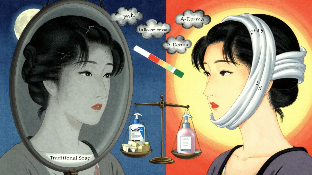 Две стороны лица: одна сухая и треснутая, другая сияющая, между ними — весы с очищающими средствами и цветная тест-полоска.