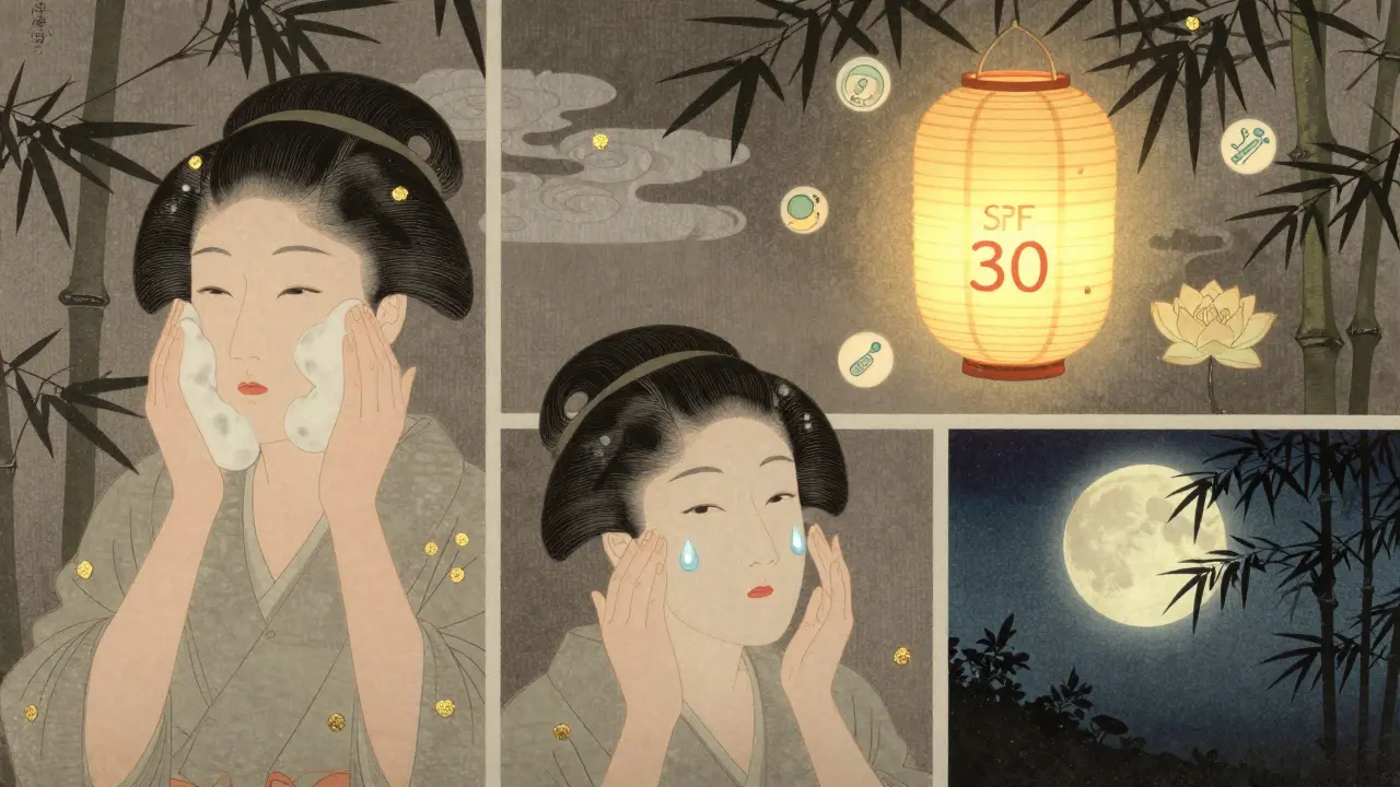 Ежедневный уход за кожей с акне: утро, день, ночь в стиле укиё-э с защитой SPF.