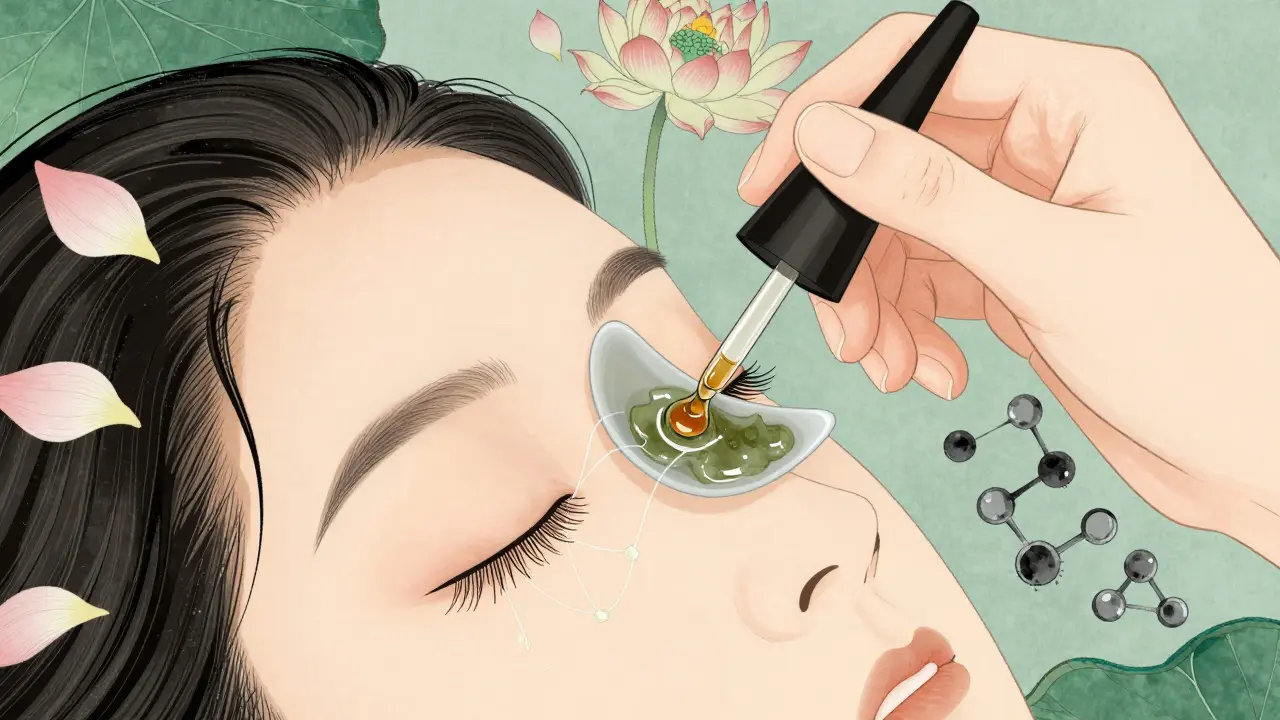 Косметолог наносит состав на ресницы с помощью силиконовой формы, вокруг — плавающие ботанические элементы в японском стиле.