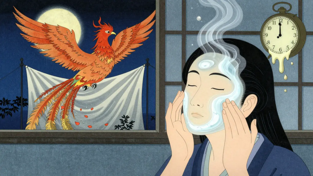 Ночной уход за кожей: рука наносит крем при лунном свете, вокруг — символы восстановления и защиты.