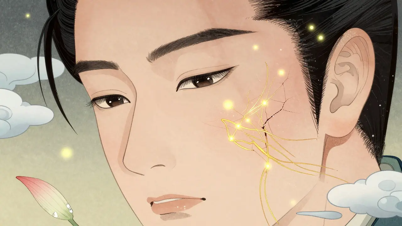 Поврежденная кожа восстанавливается под золотыми нитями, как будто ткань из шелка, с молекулами в виде светлячков.