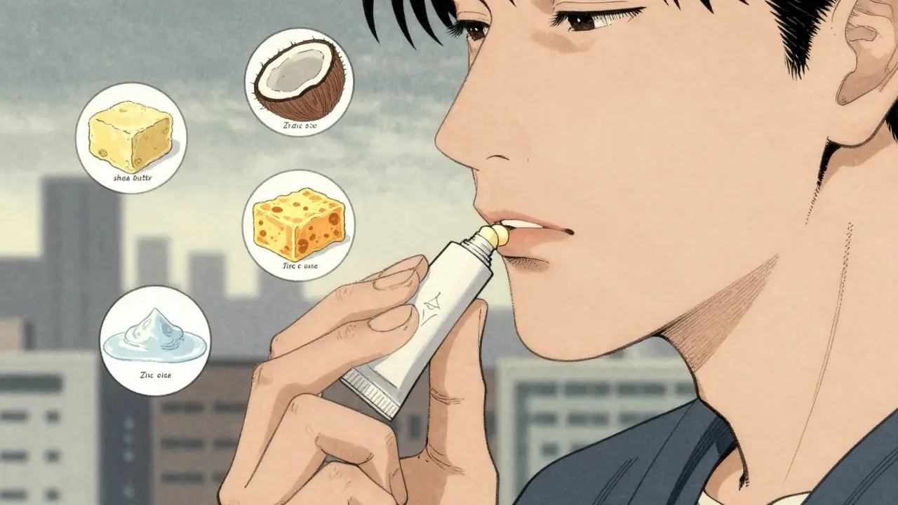 Рука наносит бальзам, вокруг — натуральные ингредиенты в виде тонких рисунков.