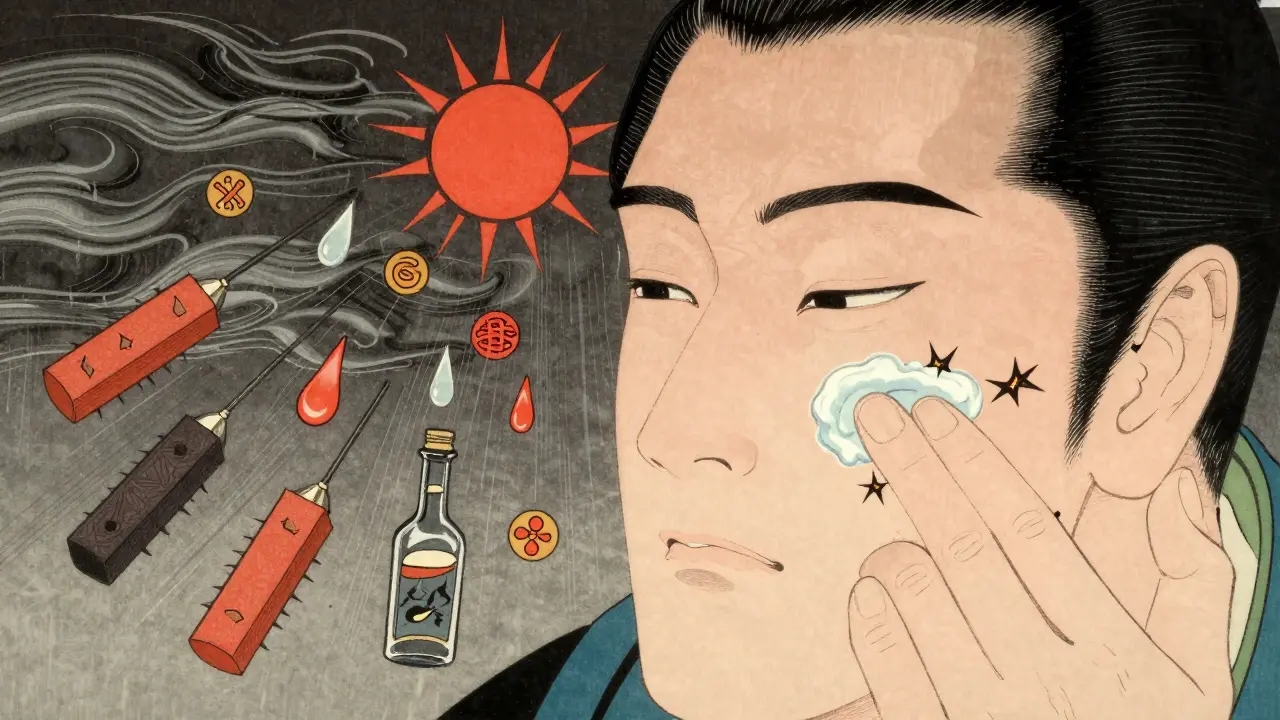 Рука наносит крем, который превращается в шипы и искры, вокруг — триггеры раздражения.