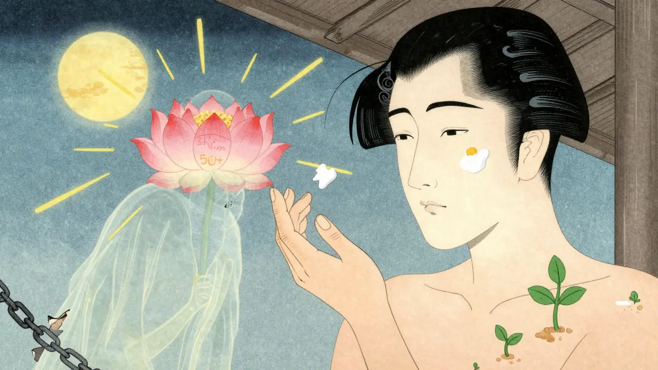 Рука наносит солнцезащитный крем под тенистым крыльцом, а цветок лотоса защищает кожу от солнечных лучей, символизируя ежедневный уход.