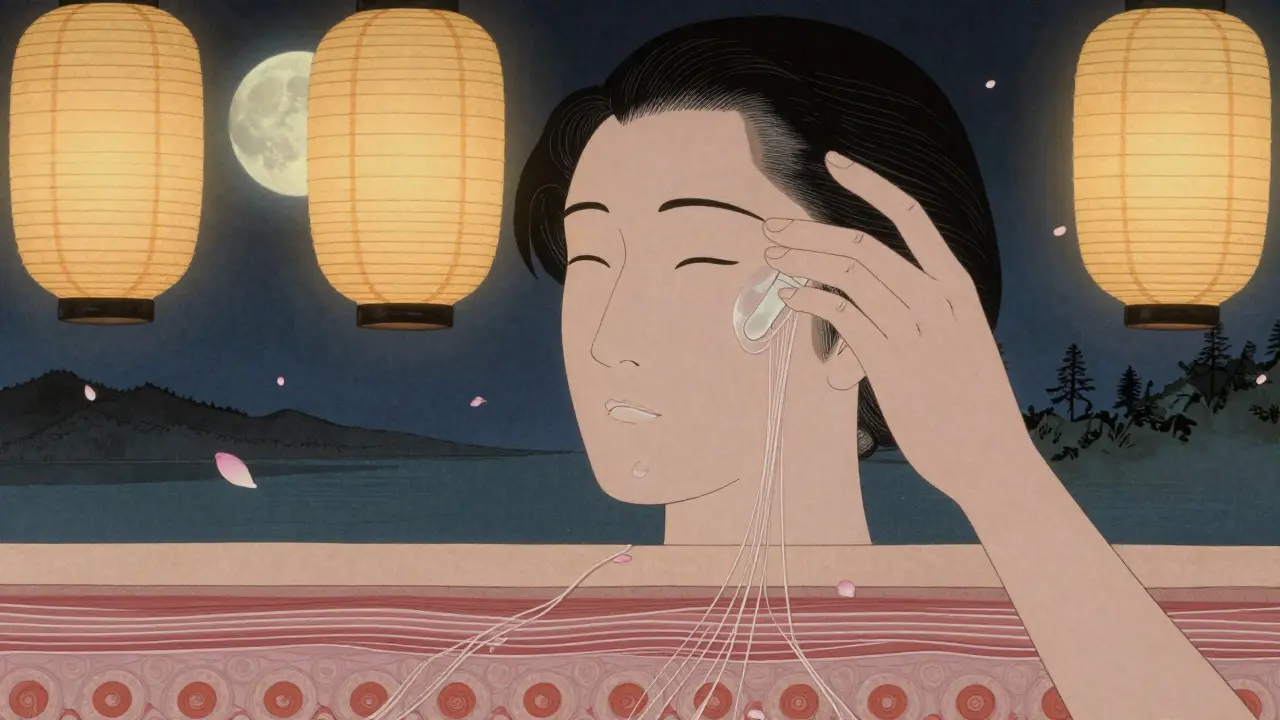 Рука наносит сыворотку с ретинолом ночью, под кожей — тонкие волокна коллагена, вокруг — падающие лепестки сакуры.