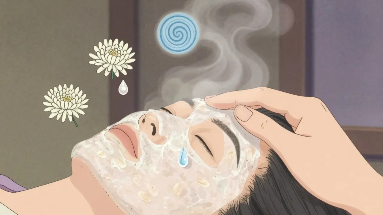 Рука наносит успокаивающую маску с овсянкой и алоэ, вокруг — цветы и спирали, символизирующие заживление.