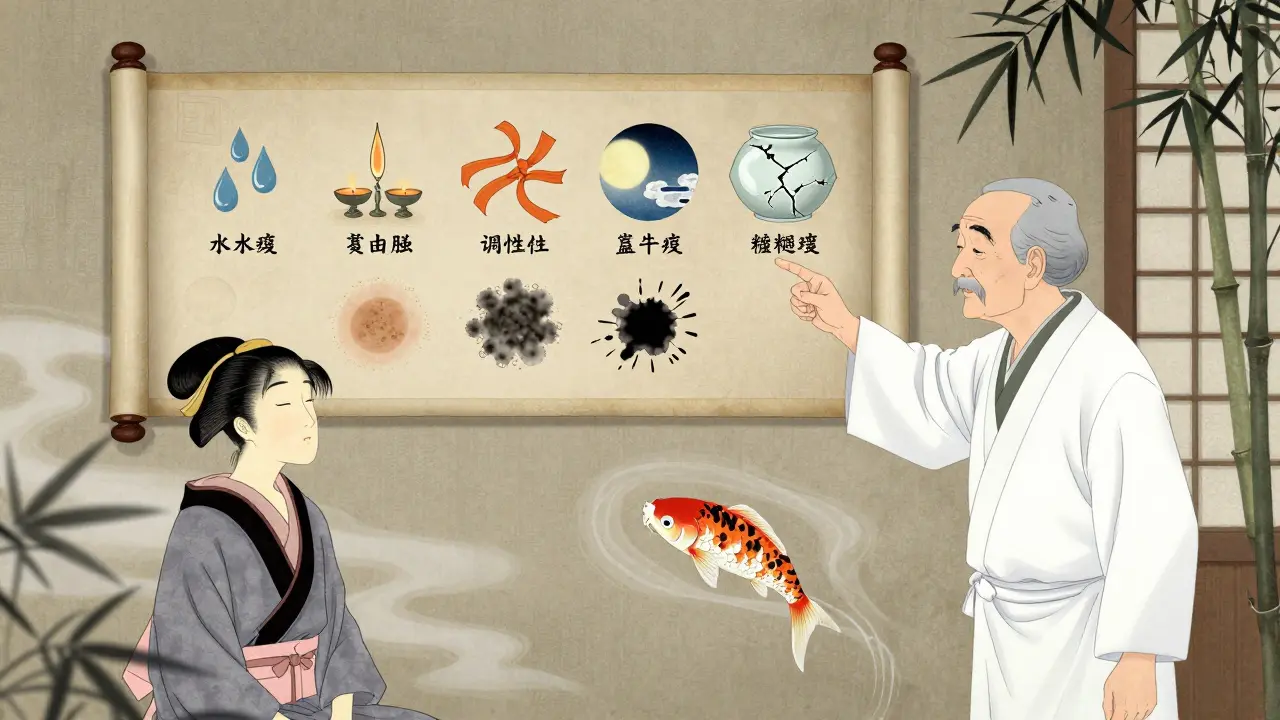 Скрижаль с шестью параметрами кожи, изображёнными как традиционные японские символы.