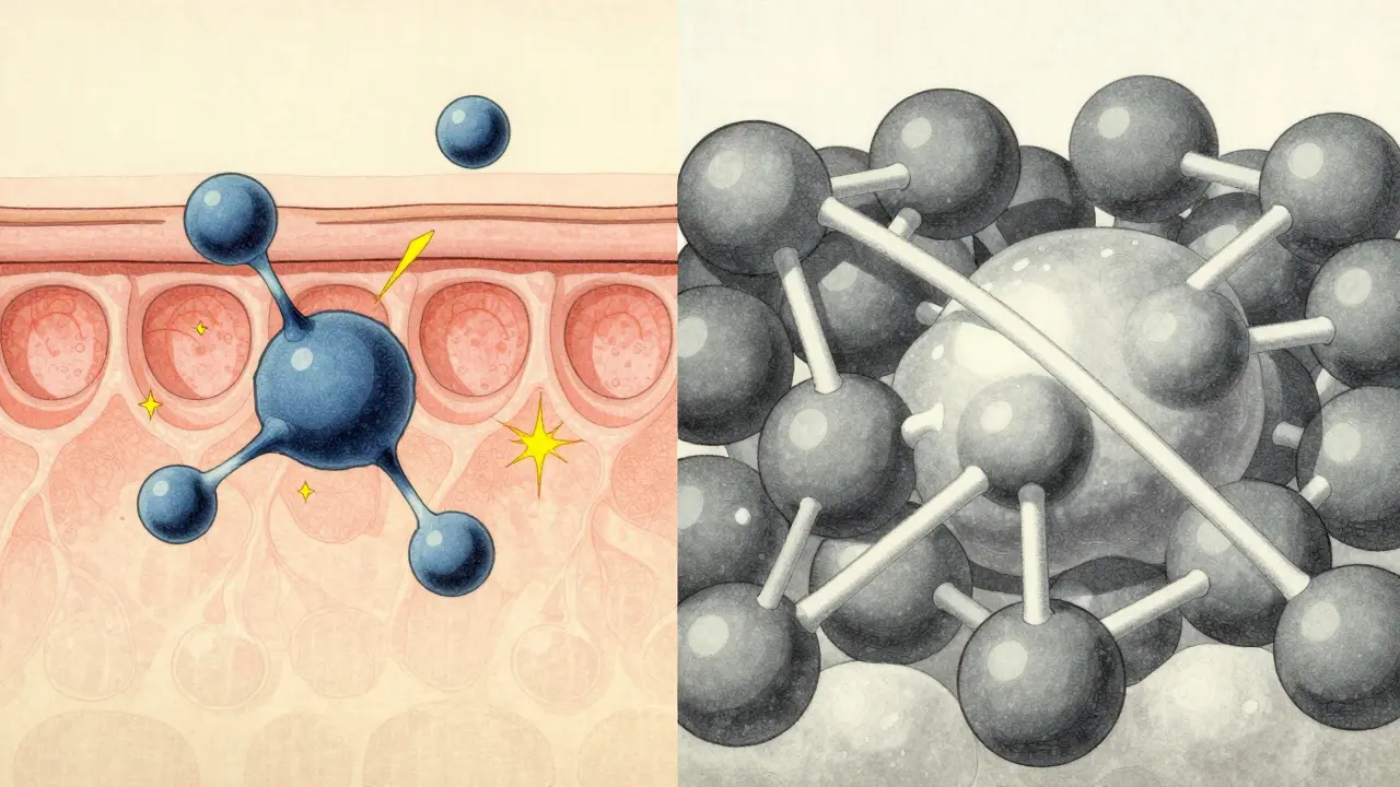 Сравнение двух форм гиалуроновой кислоты: одна мягко восстанавливает кожу, другая вызывает уплотнение, в японском стиле.