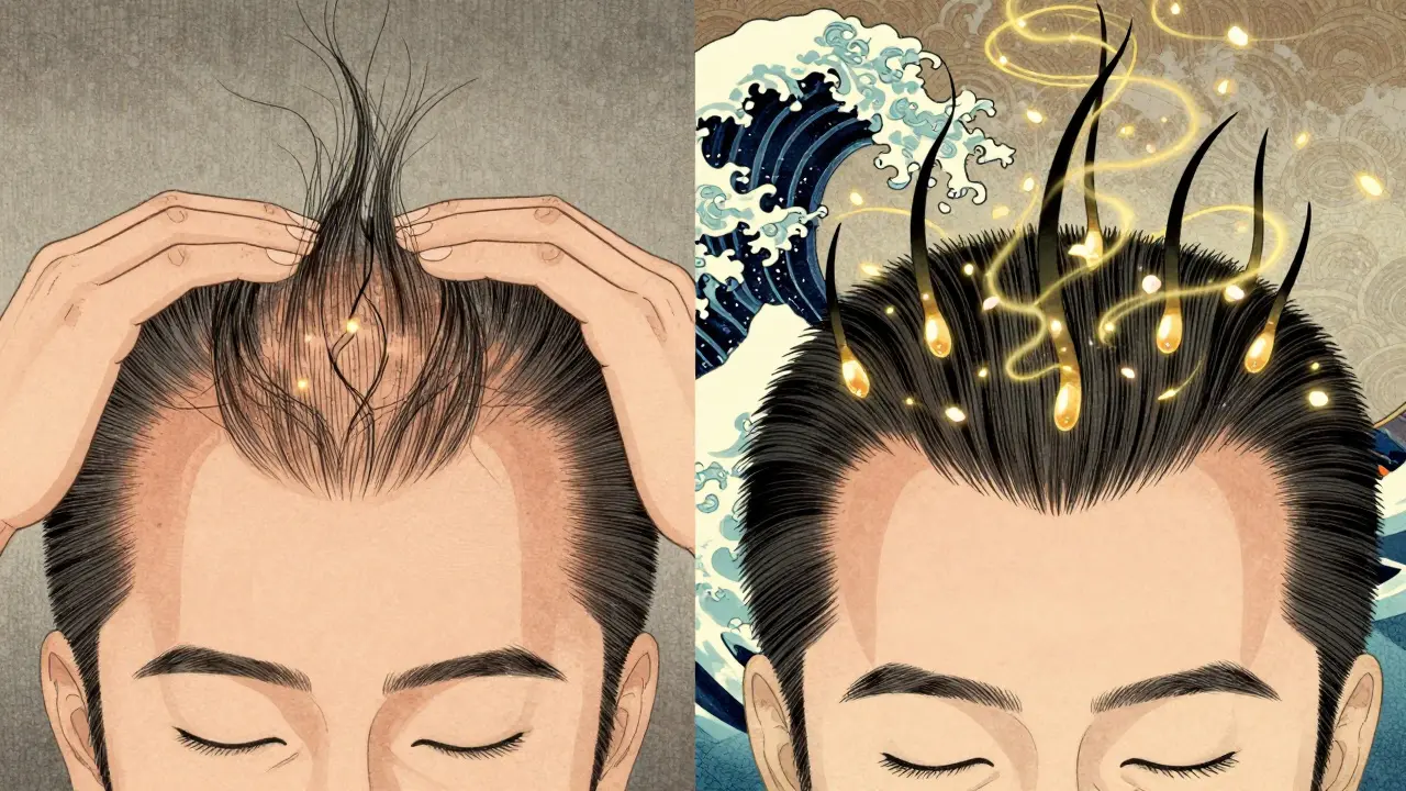 Сравнение поврежденной и восстановленной кожи головы с появлением новых волосков, в японском стиле укиё-э.