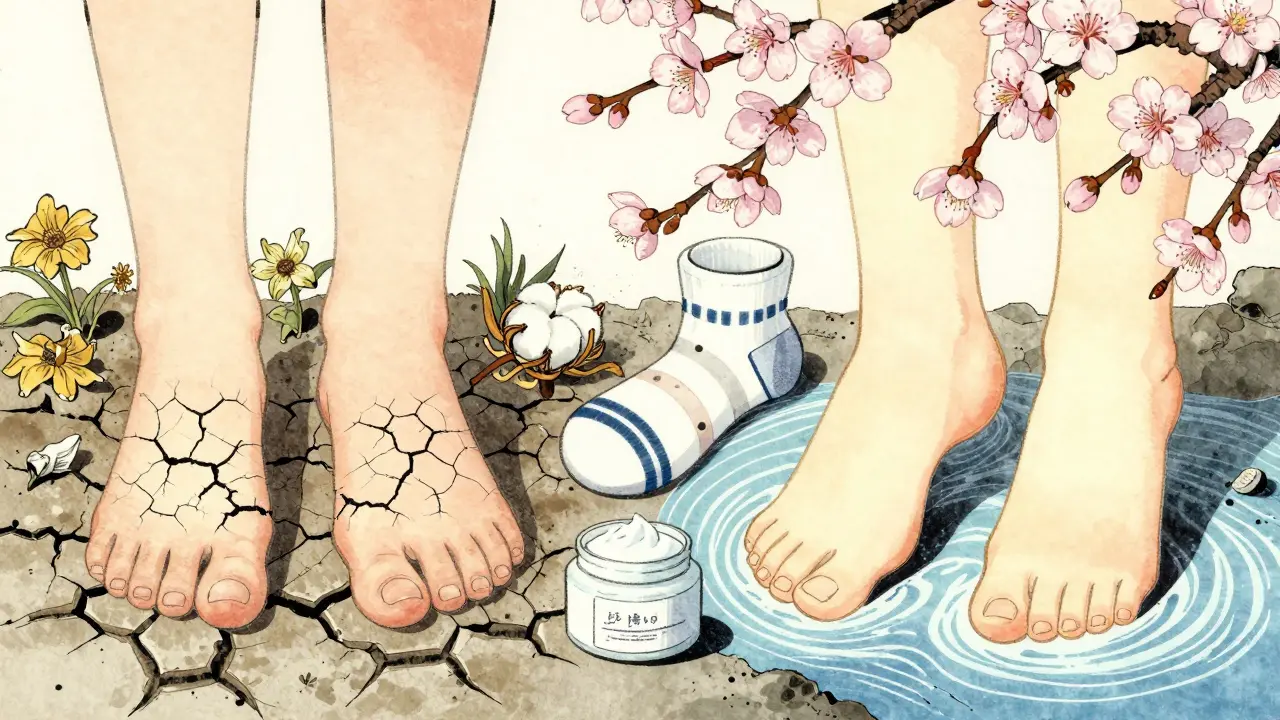 Сравнение: треснувшие пятки с сухой землёй и гладкие пятки с цветущими сакурами и потоками воды.