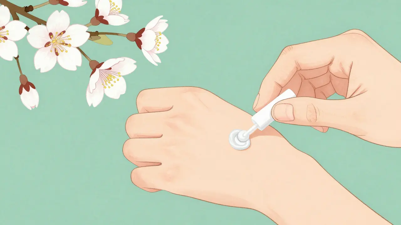 Тест на запястье с цветущей вишней, показывающий отсутствие реакции. Укиё-э стиль.