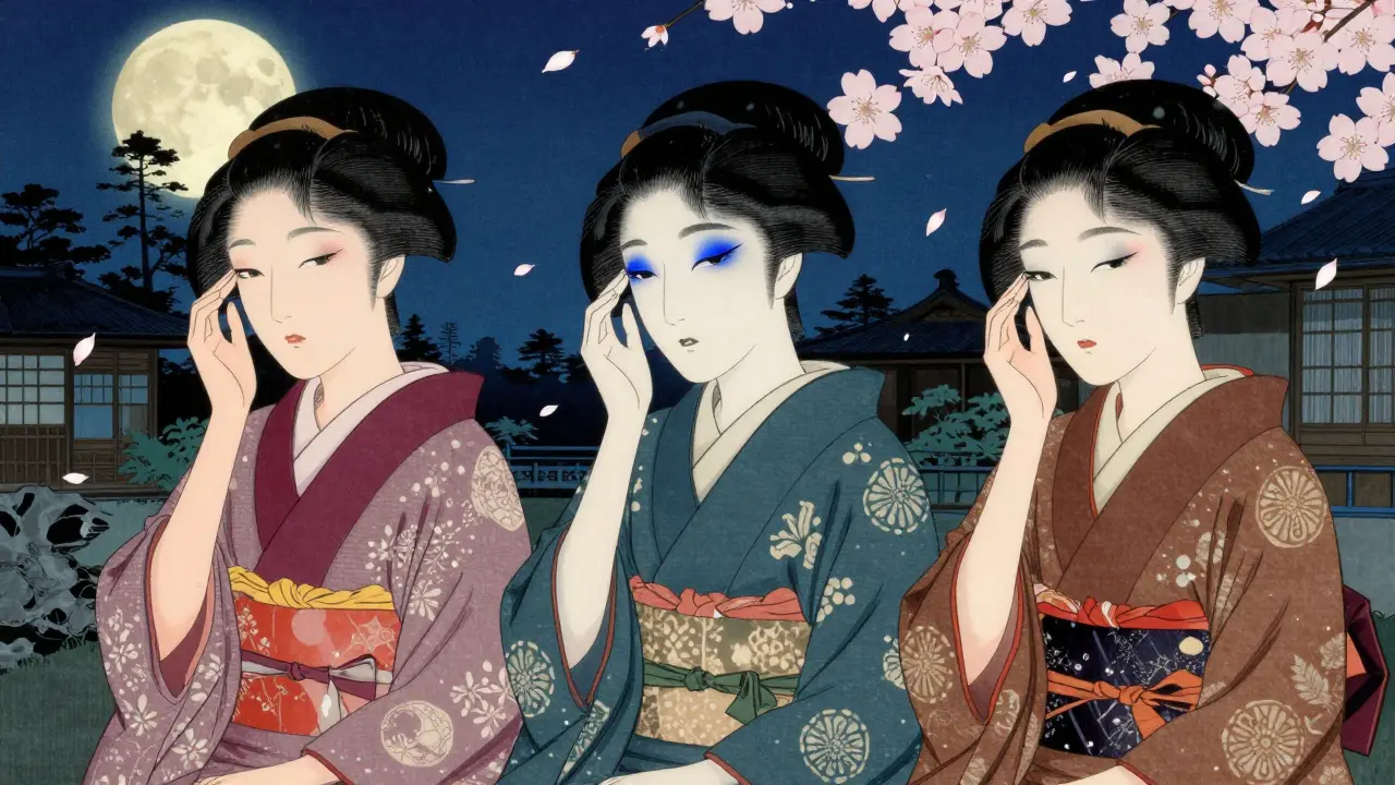 Три женщины с разными техниками вечернего макияжа глаз в саду при лунном свете, в японском художественном стиле.