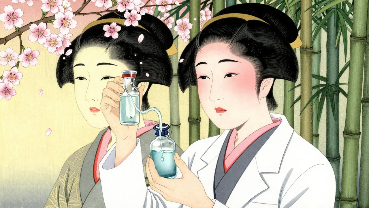 Врач держит два препарата — один с естественным эффектом, другой с искусственным, в стиле укиё-э с цветущими сакурами.