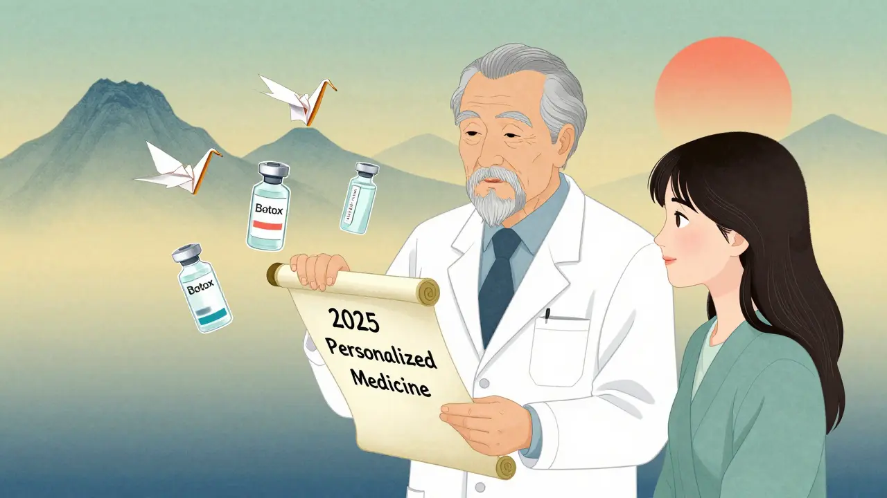 Врач и пациент вместе смотрят на современные препараты, символизирующие будущее косметологии.