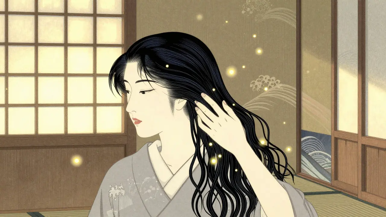 Женщина наносит филлер для волос в солнечной комнате с шодзи, кератиновые частицы сияют вокруг локонов.