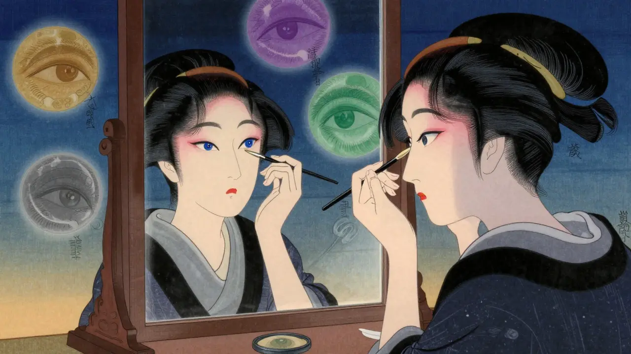 Женщина наносит макияж, как будто рисует на глазах, с цветовыми шарами, обозначающими тип глаз, в стиле укиё-э.