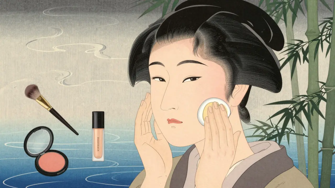 Женщина наносит тональную основу влажным спонжем, фон с элементами японской живописи.