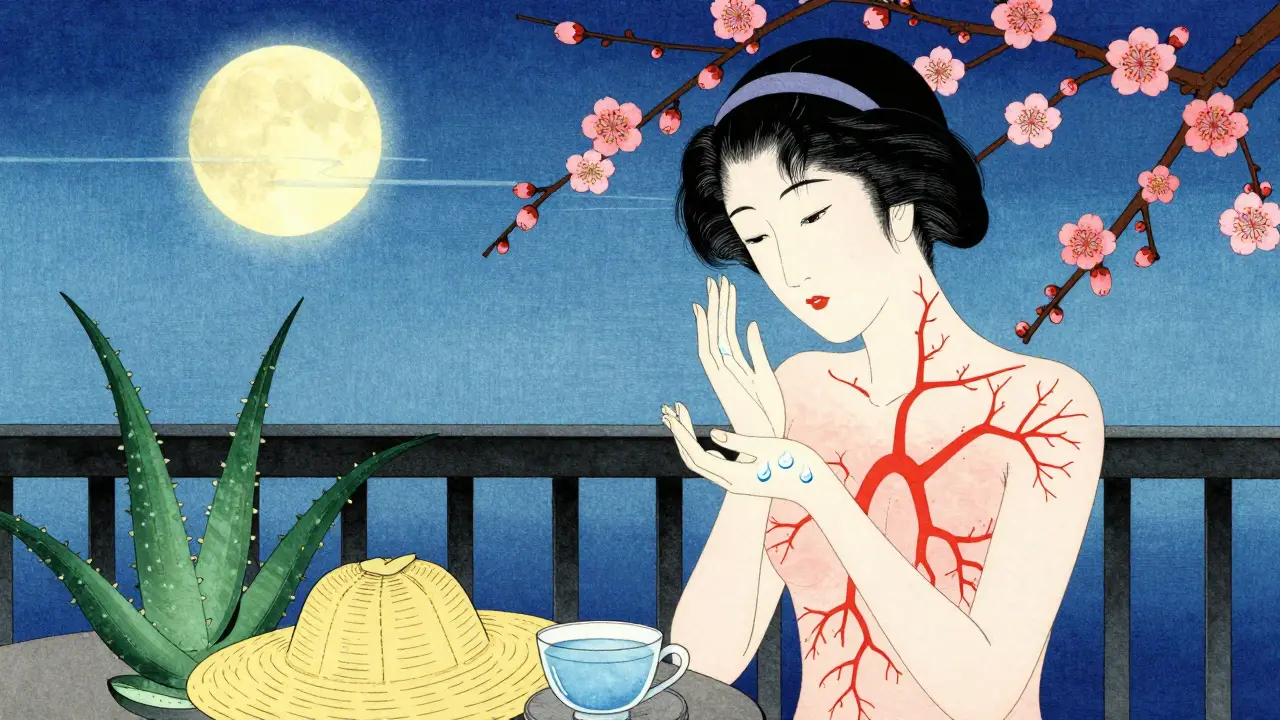 Женщина наносит увлажняющий крем под лунным светом, а красные сосуды на коже превращаются в цветы сливы.