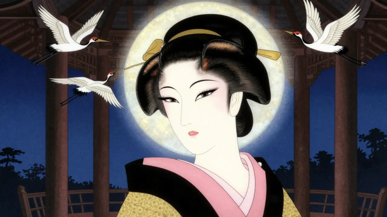 Женщина под лунным светом с глазами, подчеркнутыми перламутром и бронзой, в стиле укиё-э.