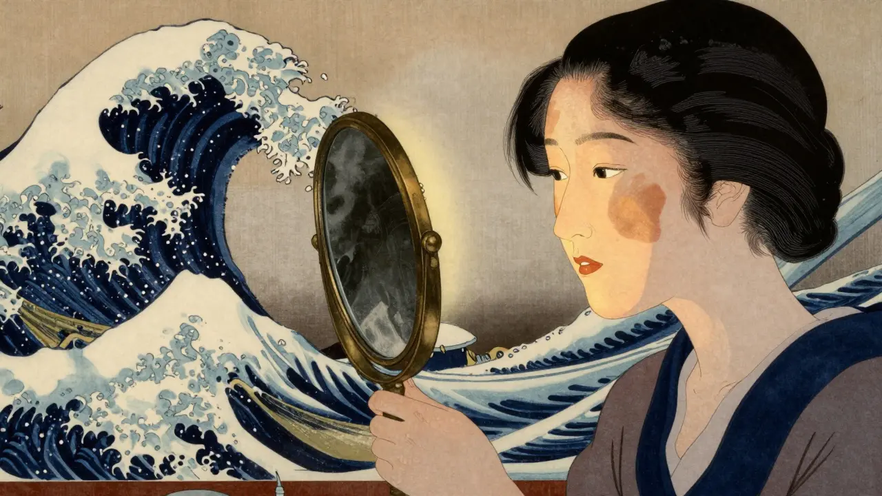Женщина смотрит в зеркало под лампой Вуда, где видны светящиеся коричневые пятна на лице, а за ней — традиционный японский экран с волнистыми узорами.