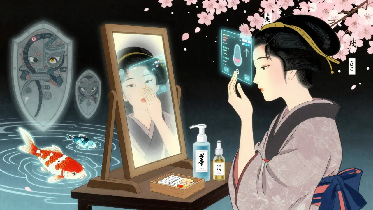 Женщина смотрит в зеркало с голографическим pH, вокруг неё — духи-щиты и карпы, символизирующие микробиом кожи, на столе — тест-полоски и средства.