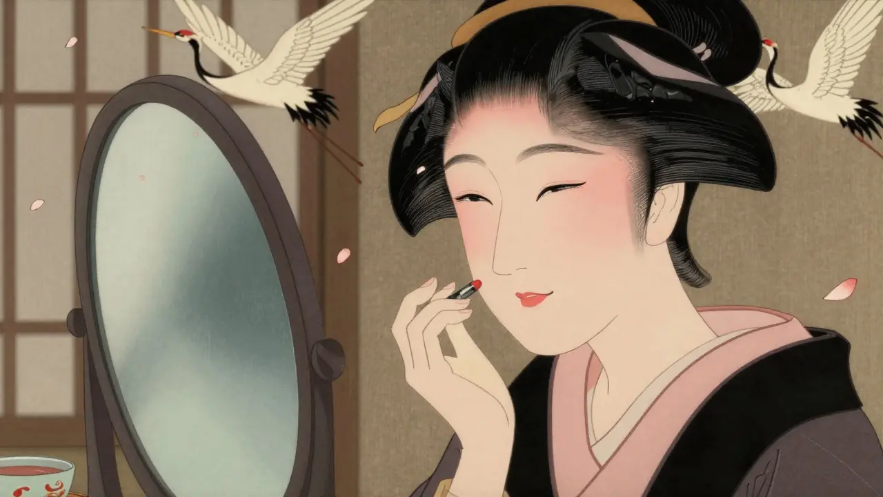 Женщина смотрит в зеркало с лёгким макияжем, вокруг неё падающие лепестки и символы заботы о себе.