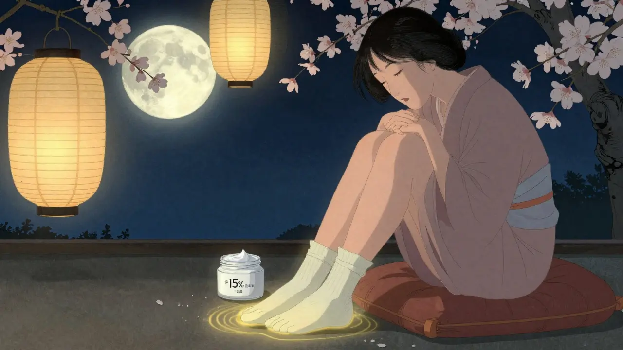 Женщина в хлопковых носках сидит ночью, рядом открыт крем с мочевиной, луна освещает её стопы.
