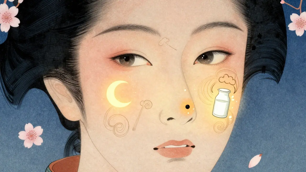 Близкий план лица с черными точками на носу, вокруг — символы жира, стресса и молока в стиле укиё-э.