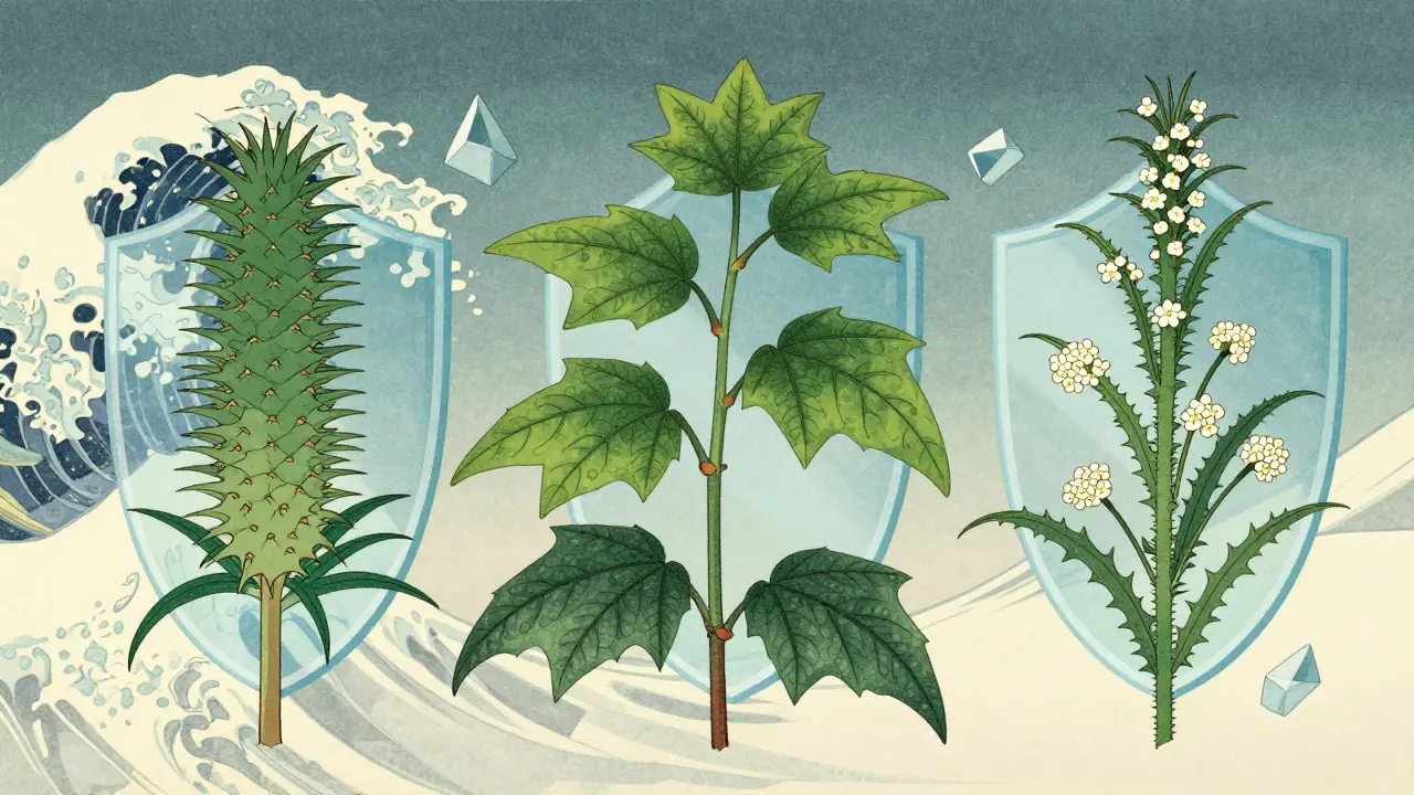 Ботанический стиль укиё-э: листья центеллы и плоды рускуса с символом защиты сосудов.