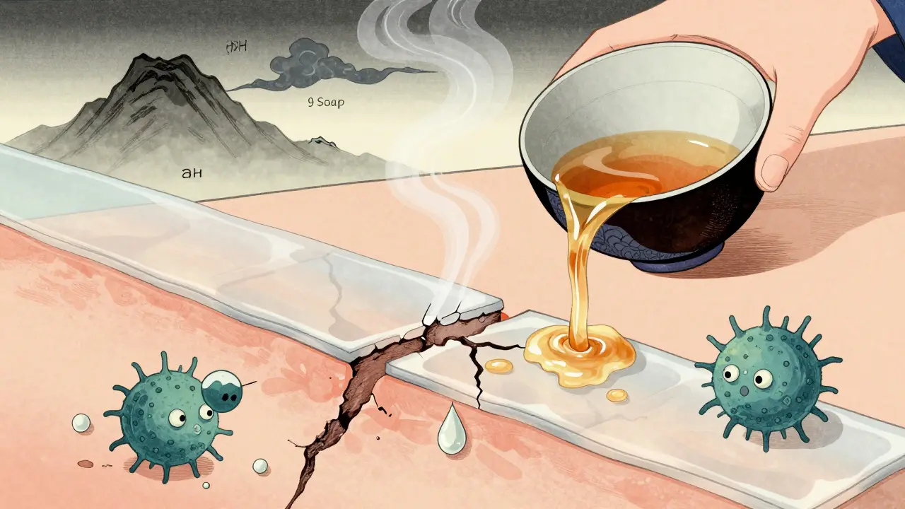 Чайная церемония на коже, где липиды восстанавливают барьер, а враги барьера разрушены, символизируя долгосрочное восстановление.