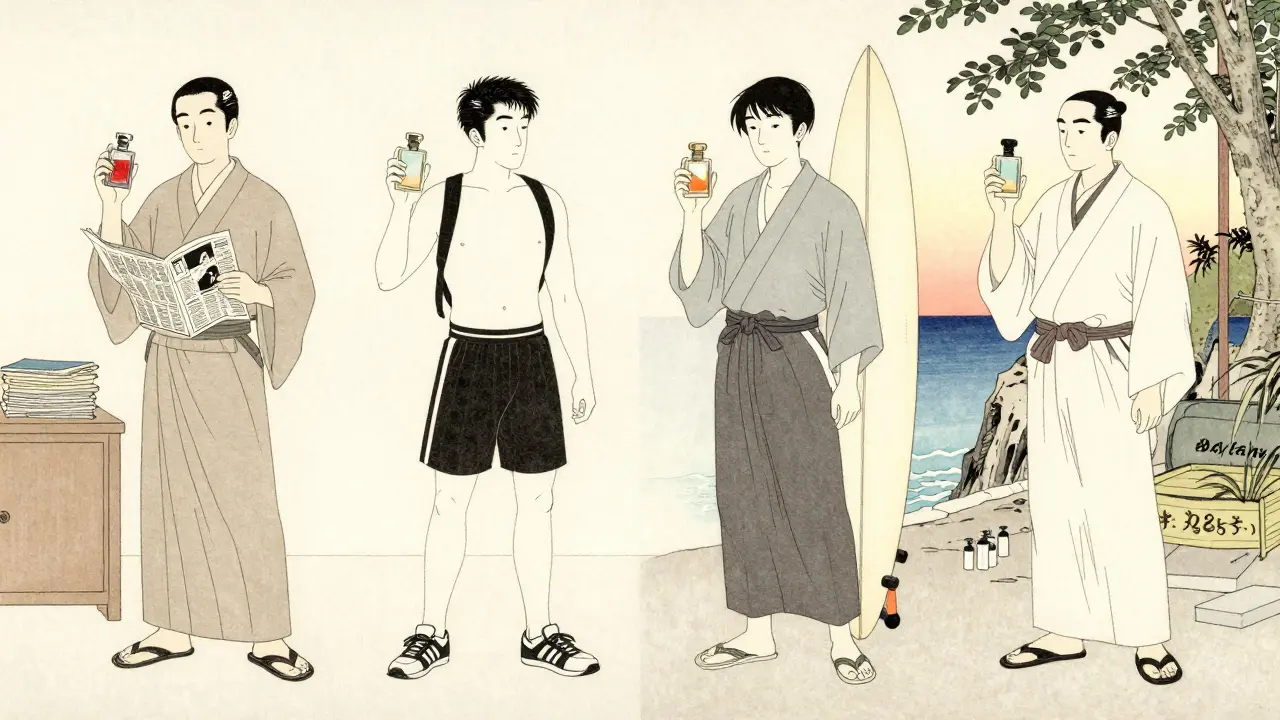 Четыре мужчины в традиционной одежде в разных сценах, держащие парфюмы, символизирующие их стили.