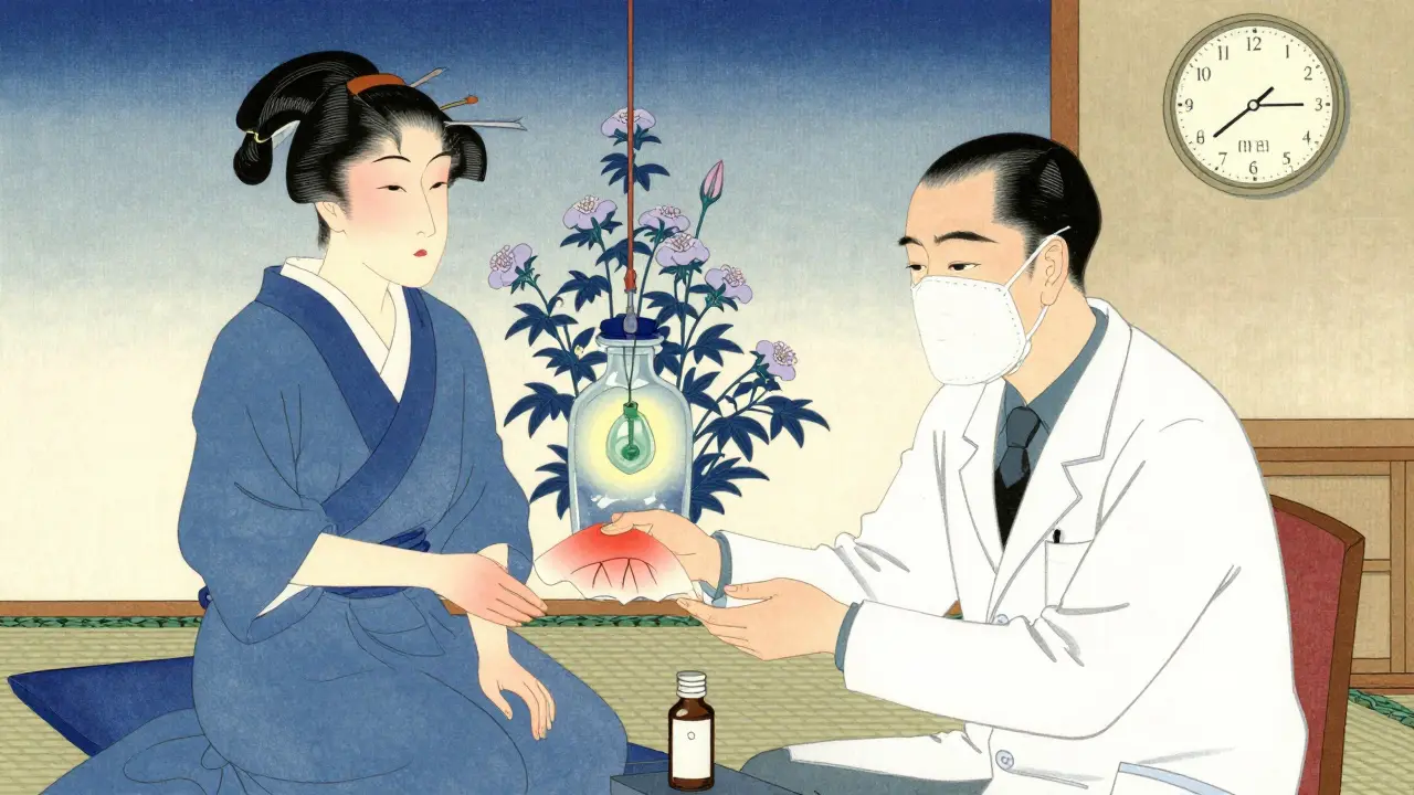 Дерматолог предлагает маску пациенту, фоном — растения центеллы и символы восстановления кожи.