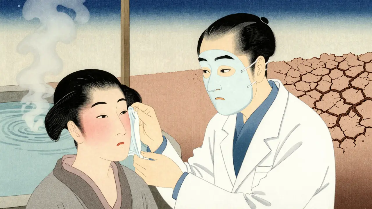 Дерматолог снимает синтетическую маску с лица пациента, фон — японский пейзаж с паром и треснувшей землёй.