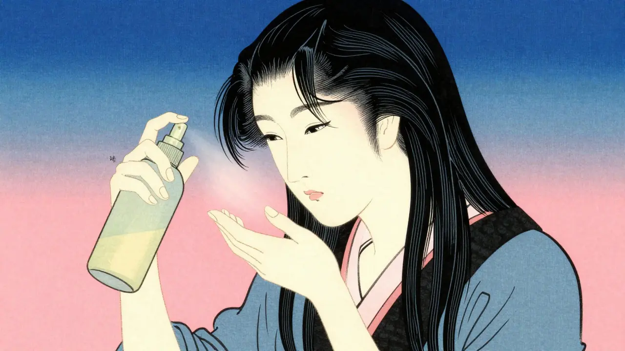 Девушка наносит несмываемый спрей на длину прядей