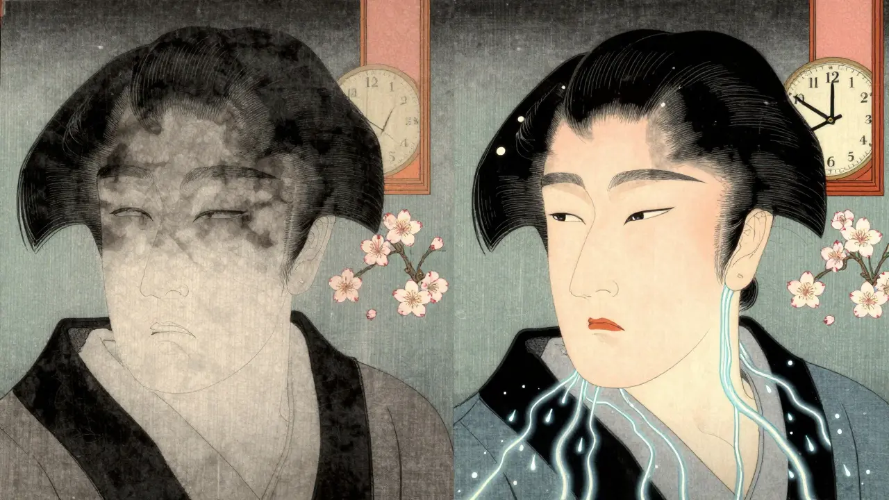 Диапозитив: до и после микротоковой терапии — от отечного лица к четкому контуру с светящимися лимфатическими путями.