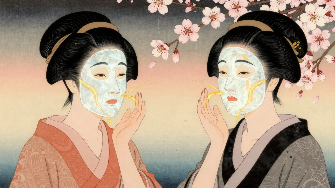 Две женщины разного возраста с масками, их кожа преображается под золотым светом.