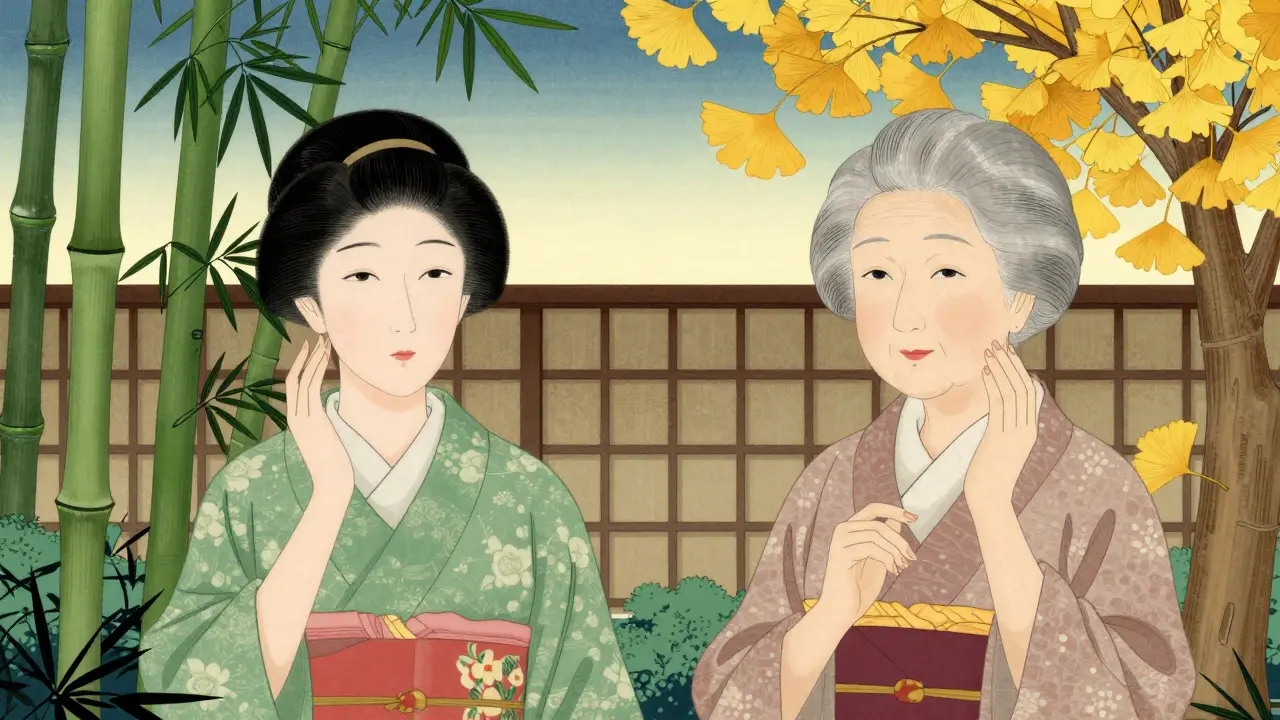 Две женщины разного возраста в саду, символизирующие уход за кожей.