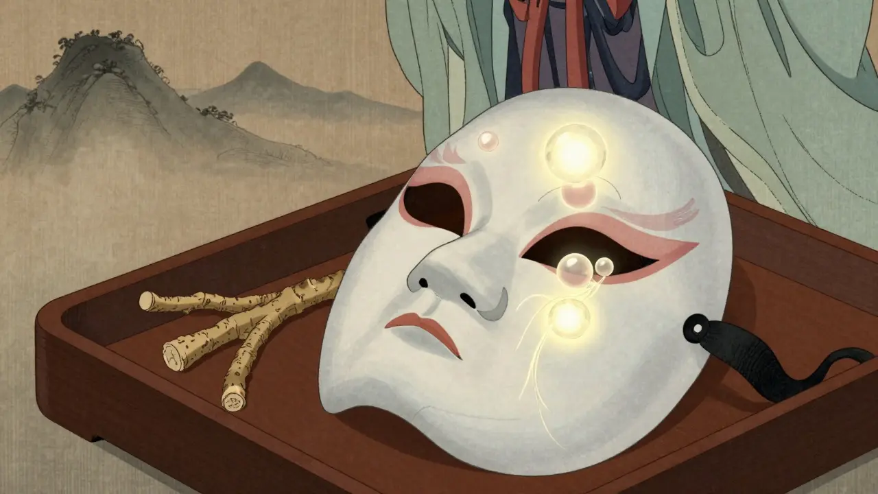 Керамическая маска с видимыми активными компонентами: гиалуроновая кислота, солодка и церамиды.