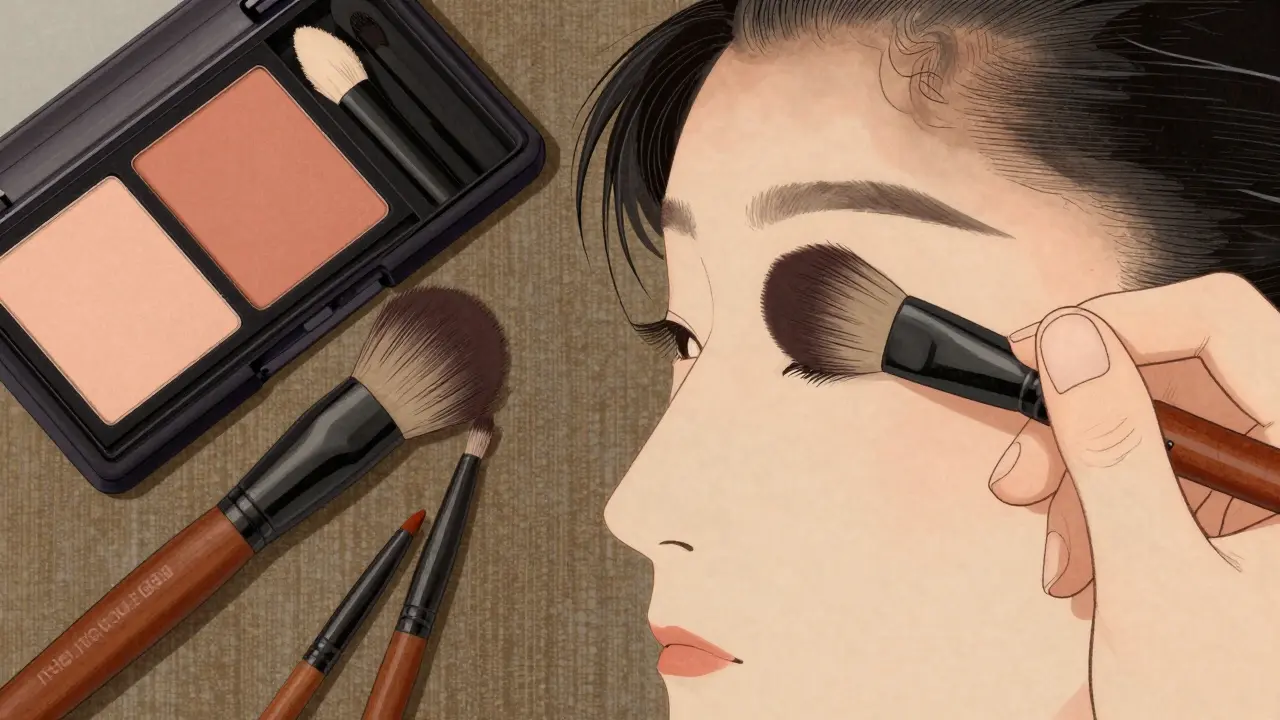 Кисти для макияжа и палетка с персиковыми оттенками на столе.
