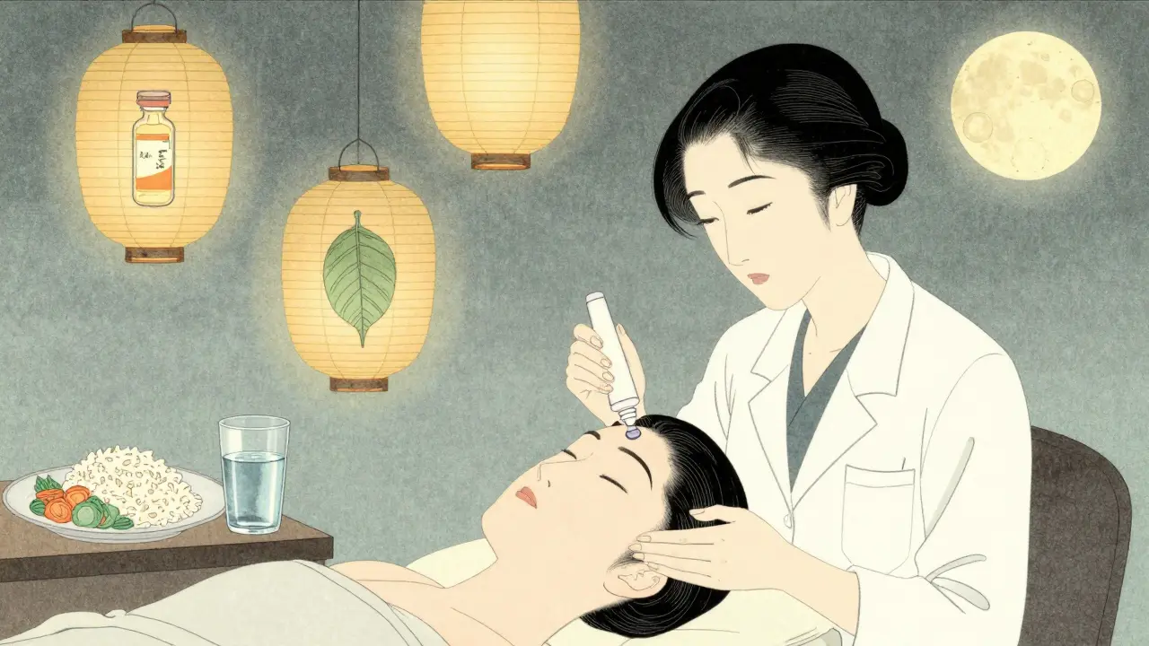 Косметолог проводит вакуумную чистку, вокруг плавают символы ухода: витамин, вода, еда — в японском стиле.