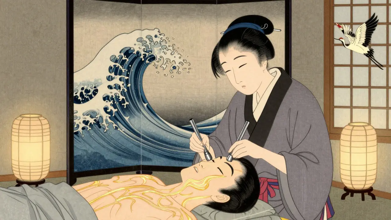 Косметолог с токопроводящими электродами, передающий мягкие импульсы лицу клиента, с золотыми энергетическими линиями на коже.