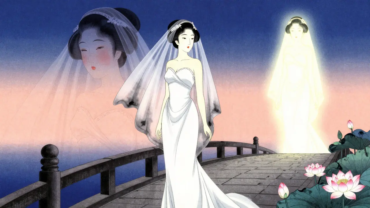 Невеста на мосту: одна версия её лица опухшая, другая — сияющая, за ней цветы лотоса и закат.